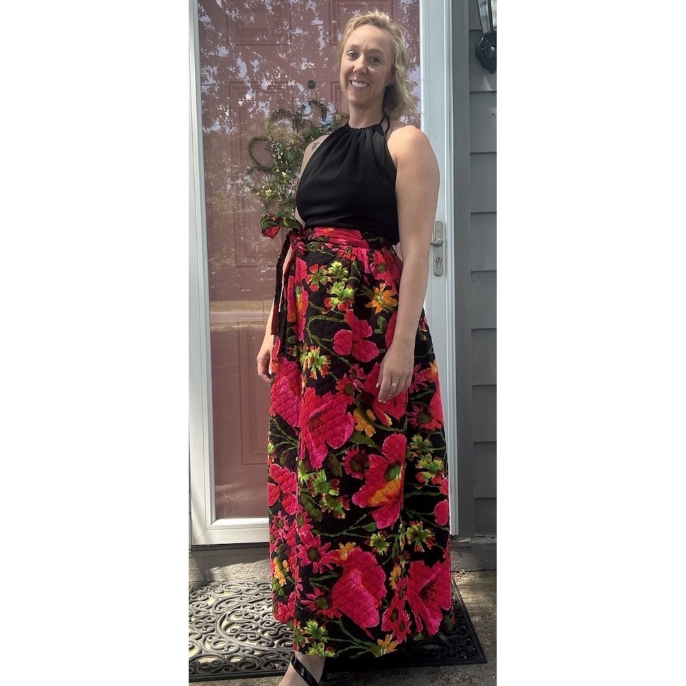 Vintage Fuschia Backless Floral Quilted Halter Maxi Dress MED Hawaiian Retro